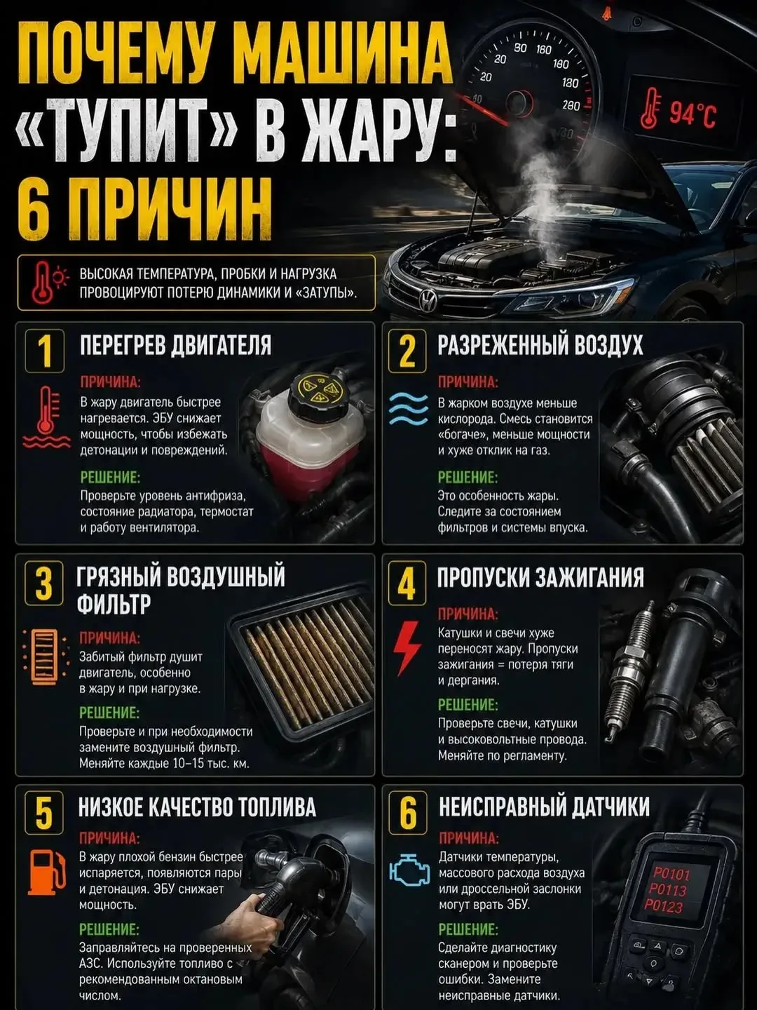 🚗 Почему машина “тупит” в жару: 6 причин