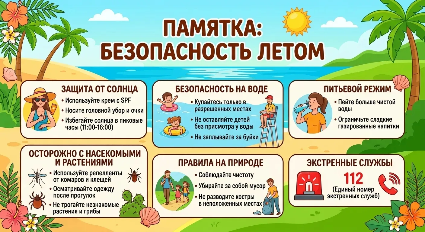 1. Проверяйте солнцезащитный крем на детей (SPF 30 и выше).
2. Убедитесь, что у детей есть головные 