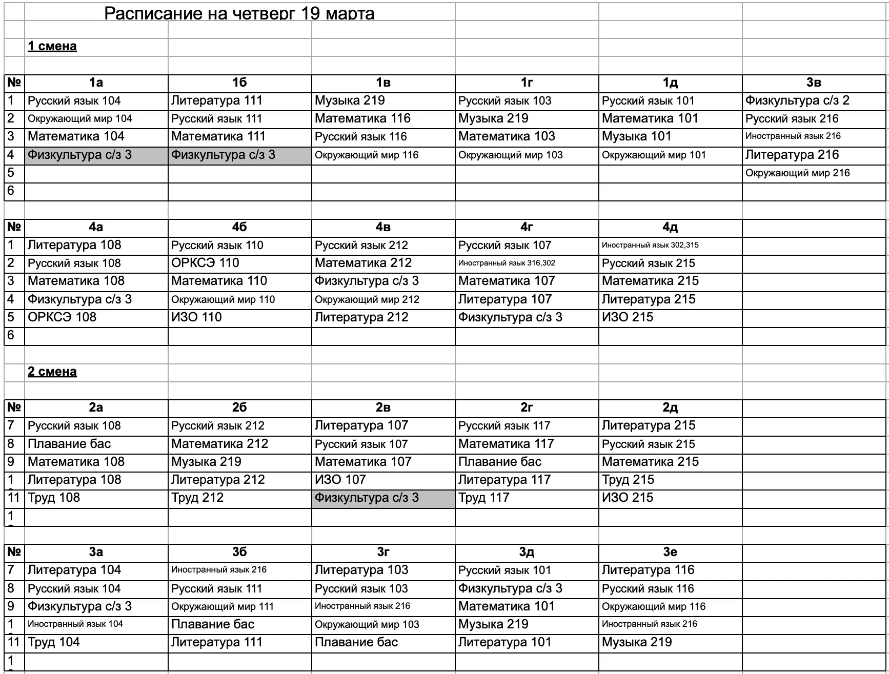Расписание на 19 марта (четверг)