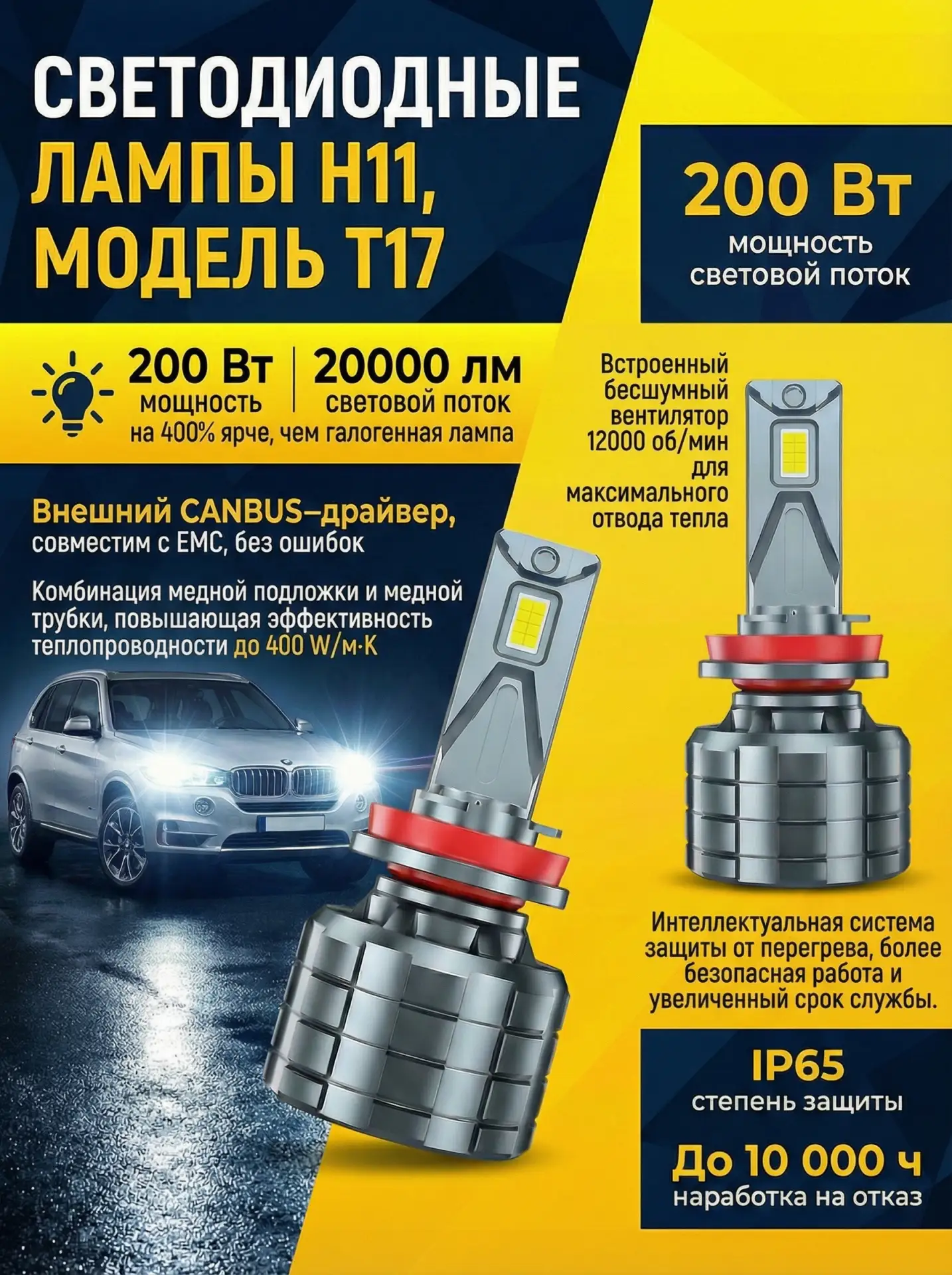 Светодиодные лампы H11 мощностью 200 Вт и световым потоком 20000 лм на комплект обеспечивают сверхяр