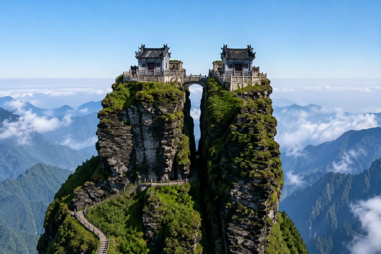 Гора Фаньцзиншань (梵净山) — храмы на вершинах над облаками