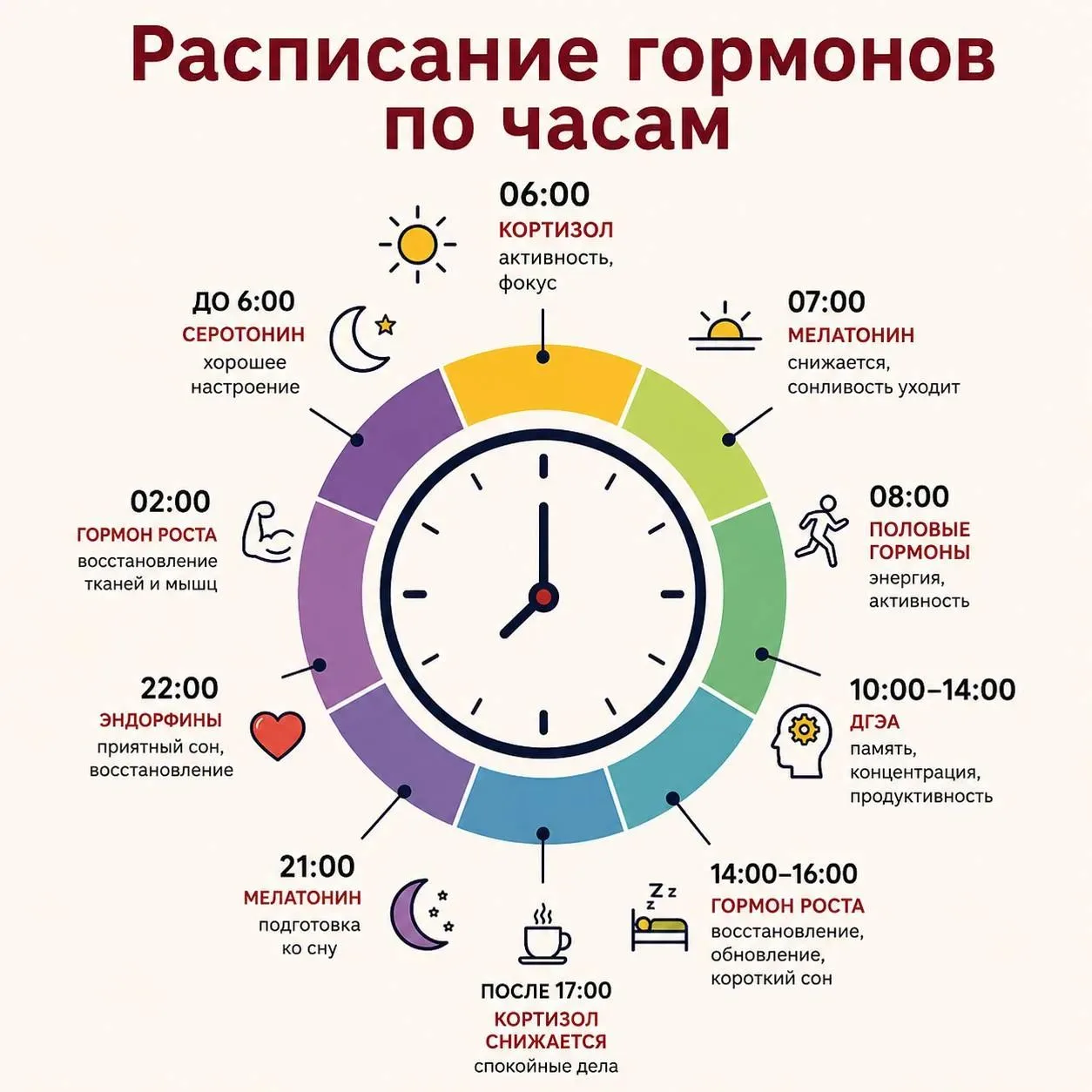 Гормональное расписание организма.

До 6:00 — ранний подъём способствует естественной выработке серо
