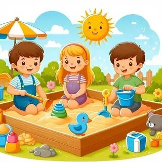 Мы в песочнице играем.                   
Строим домик из песка,             
Увлеклись, не замечаем