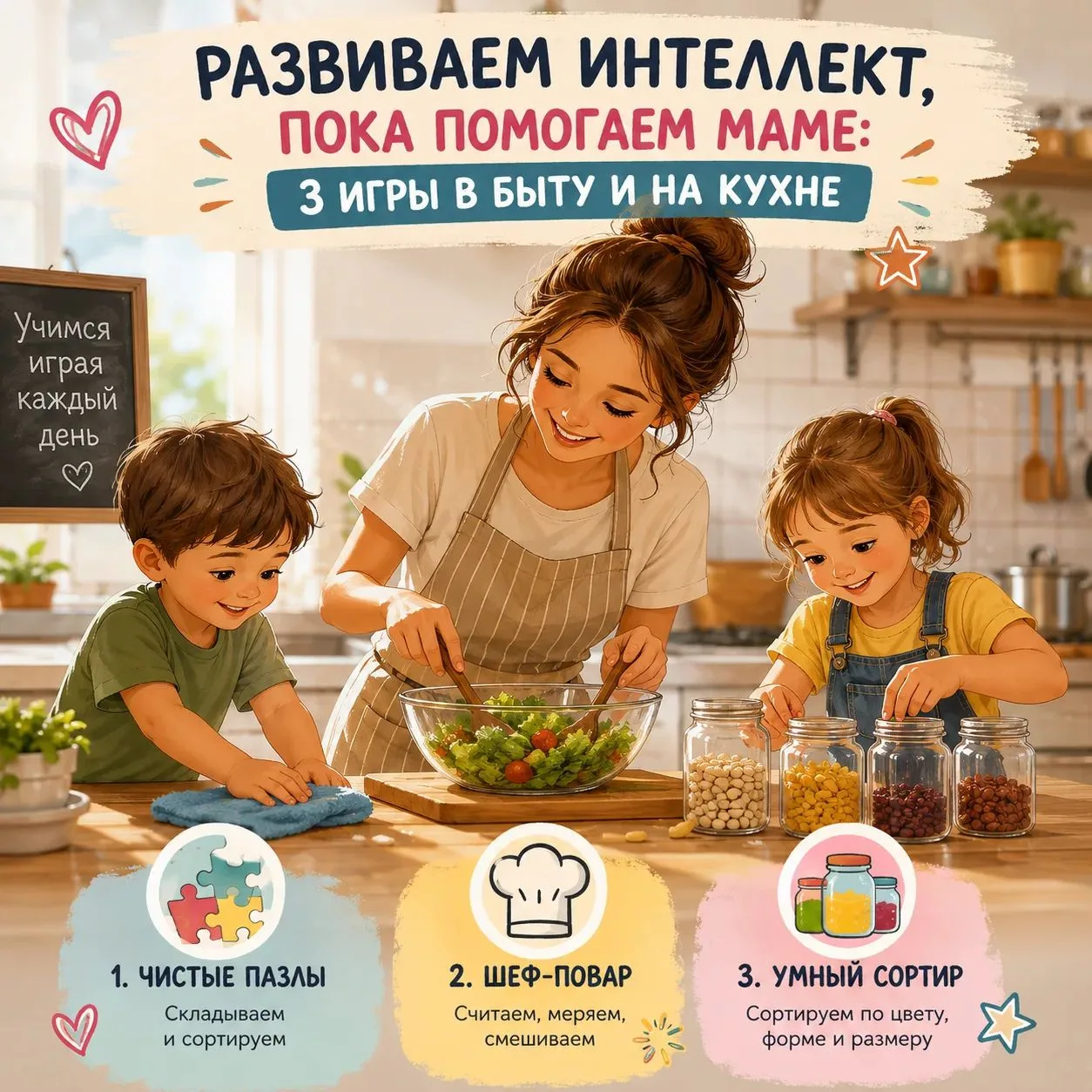 🍎 Развиваем интеллект, пока помогаем маме: 3 игры на кухне и в быту