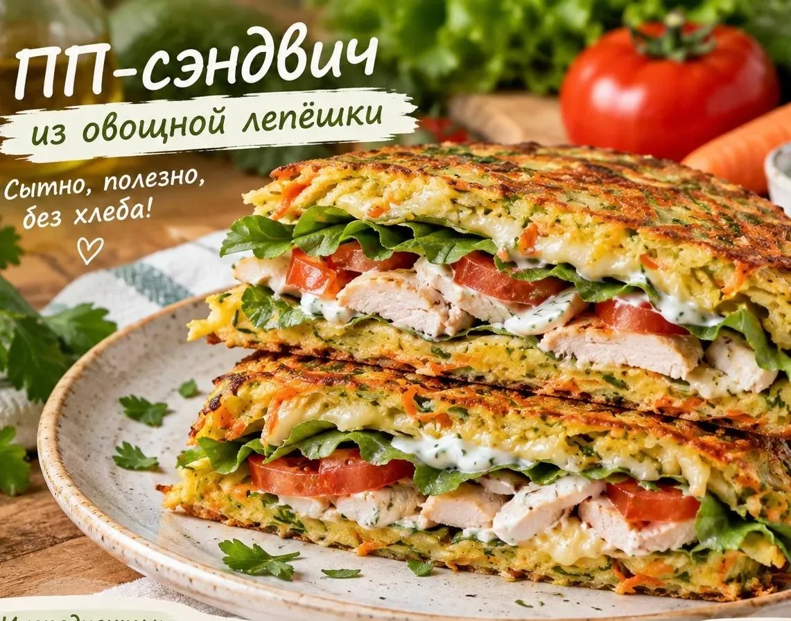 ПП-сэндвич из овощной лепёшки с сыром и начинкой
