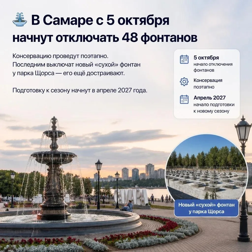 ⛲️ В Самаре с 5 октября начнут отключать 48 фонтанов