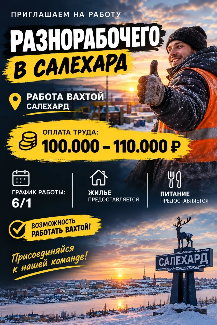 🔧 Разнорабочий (Салехард) — от 100 000 до 110 000 ₽, жильё и питание включены.