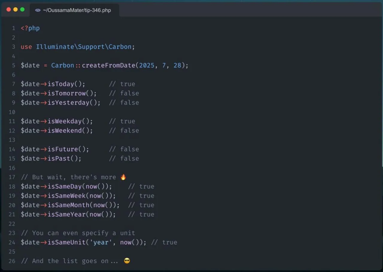 💡Совет по Laravel: Проверка дат с помощью Carbon

Уверен, тебе хоть раз приходилось проверять, исте