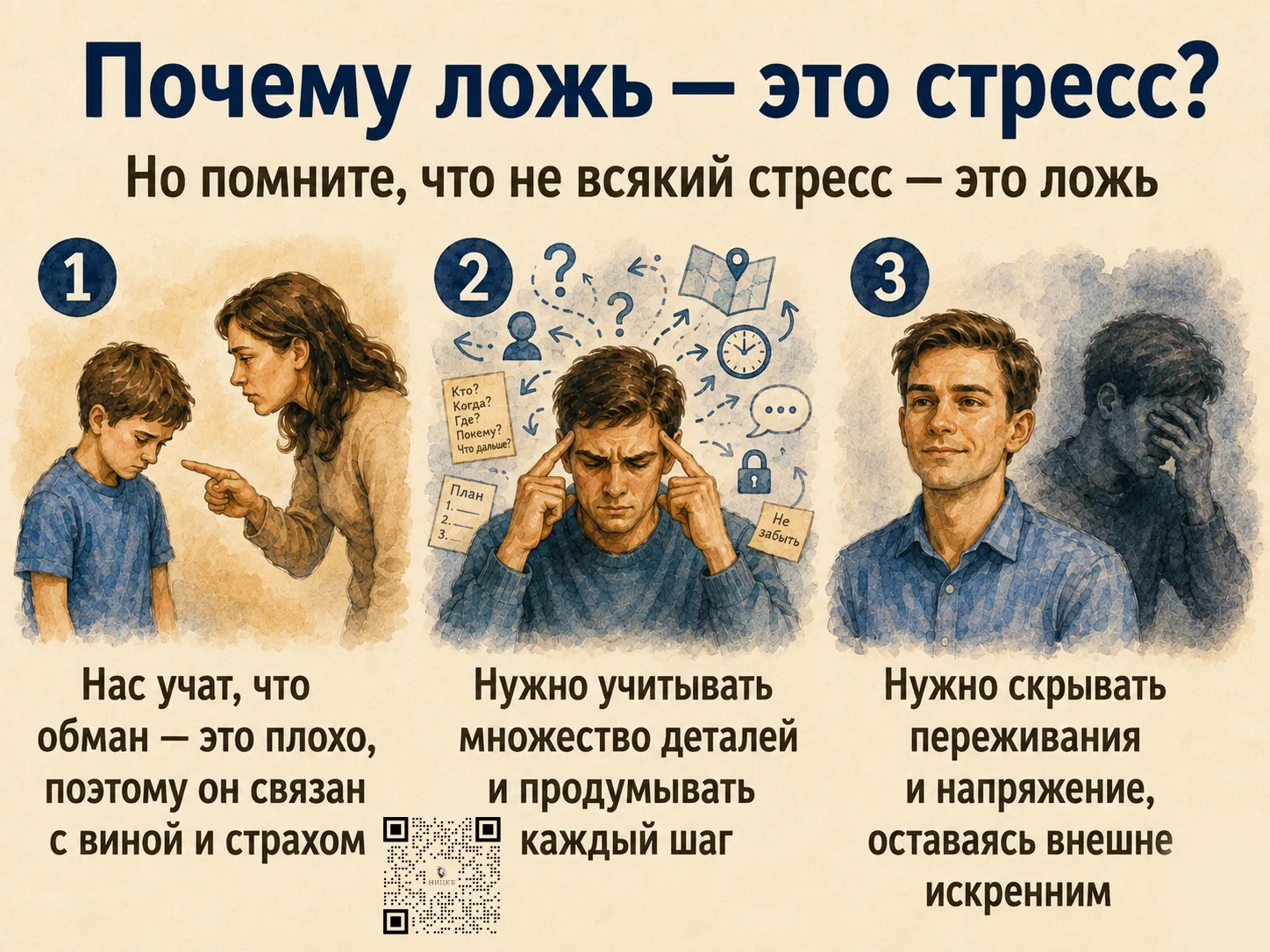 Почему ложь отражается в поведении человека?

Мы часто повторяем: 
«Ложь — это стресс, но не всякий 