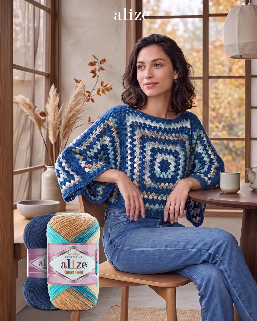 Блуза из «бабушкиных квадратов» в синих тонах из пряжи Alize Cotton Gold (55% хлопок, 4...