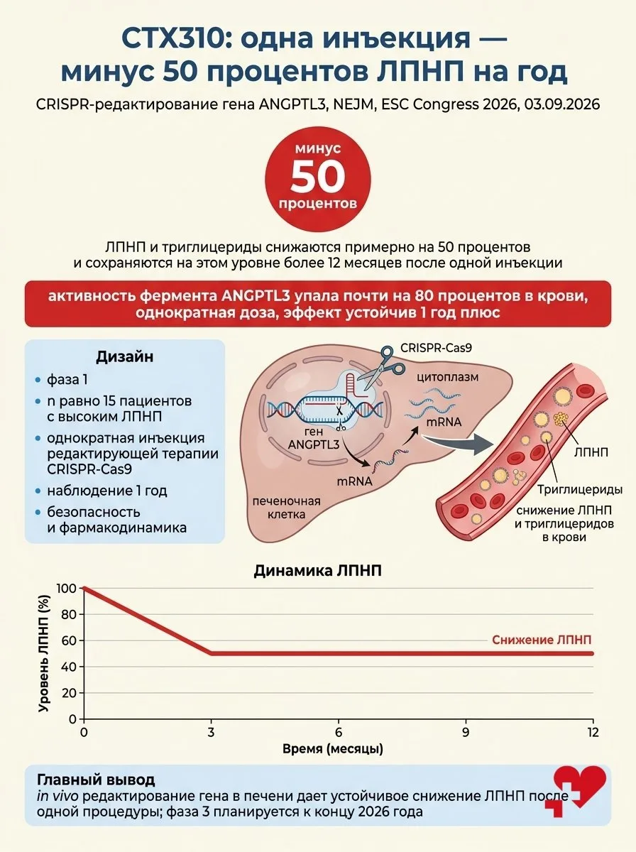 CRISPR-терапия ЛПНП: −50% на год после одной инъекции.