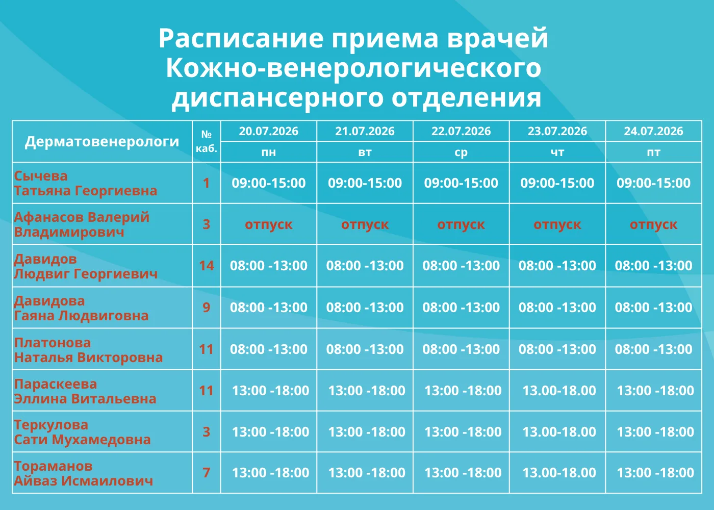 🗓РАСПИСАНИЕ КОЖНО-ВЕНЕРОЛОГИЧЕСКОГО ДИСПАНСЕРНОГО ОТДЕЛЕНИЯ

Часы приема врачей кожно-венерологичес