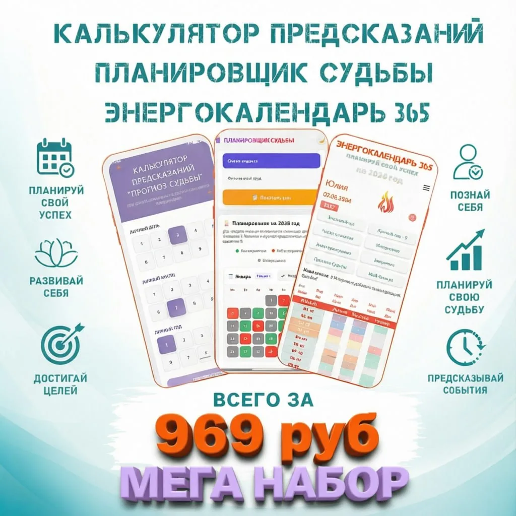 ⚡ МЕГА АКЦИЯ:

МЕГА НАБОР по предсказанию, прогнозированию и планированию успешной судьбы:

+ ЭНЕРГО