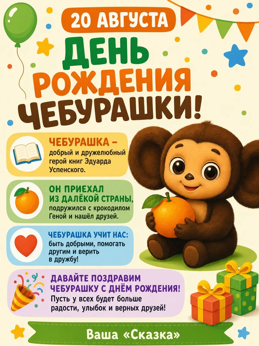 🎉 20 АВГУСТА — ДЕНЬ РОЖДЕНИЯ ЧЕБУРАШКИ!