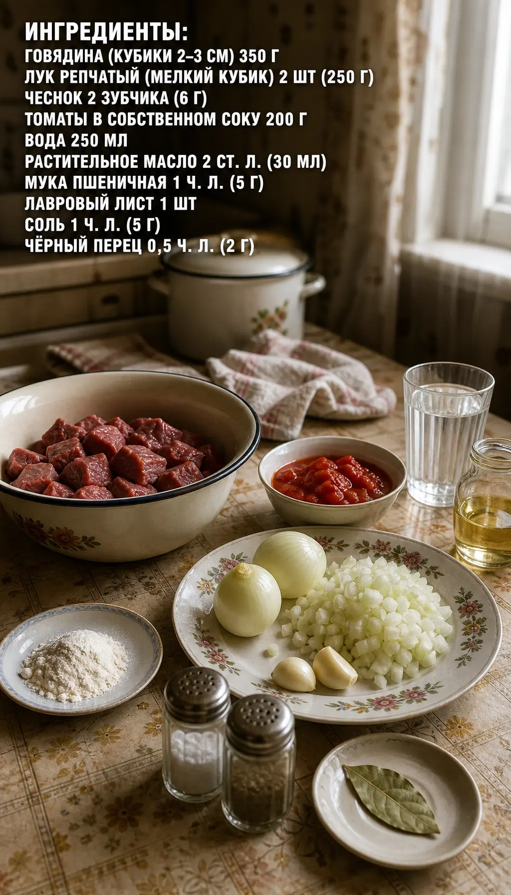 Мясо в томатном соусе
как в советской столовой 🍲
Ингредиенты:
Говядина — 350 г
Лук — 2 шт.
Чеснок —
