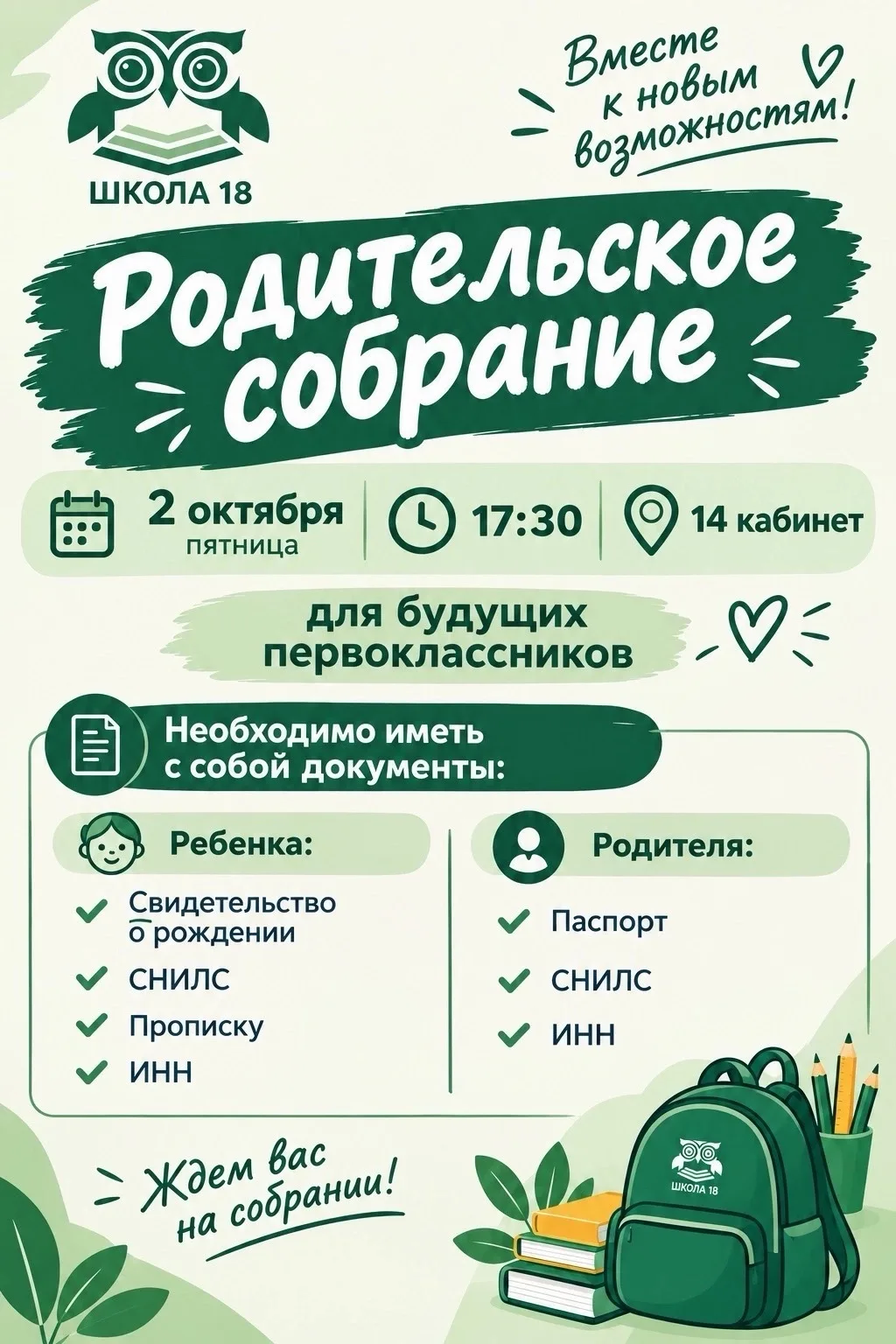 📢 Для родителей будущих первоклассников школы №18