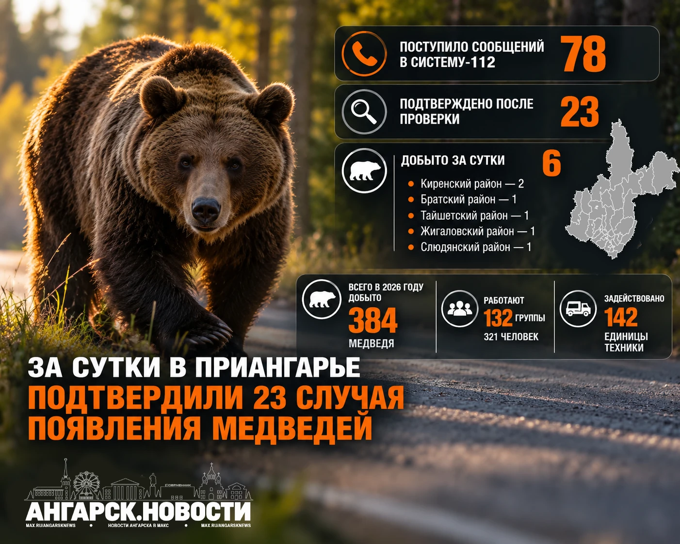 За прошедшие сутки в Систему-112 поступило 78 сообщений о выходах медведей. После прове...
