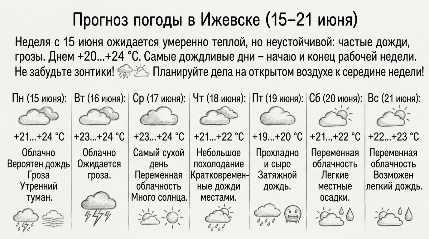 В Ижевске на неделе с 15 июня ожидается умеренно теплая, но неустойчивая погода с частыми дождями и 