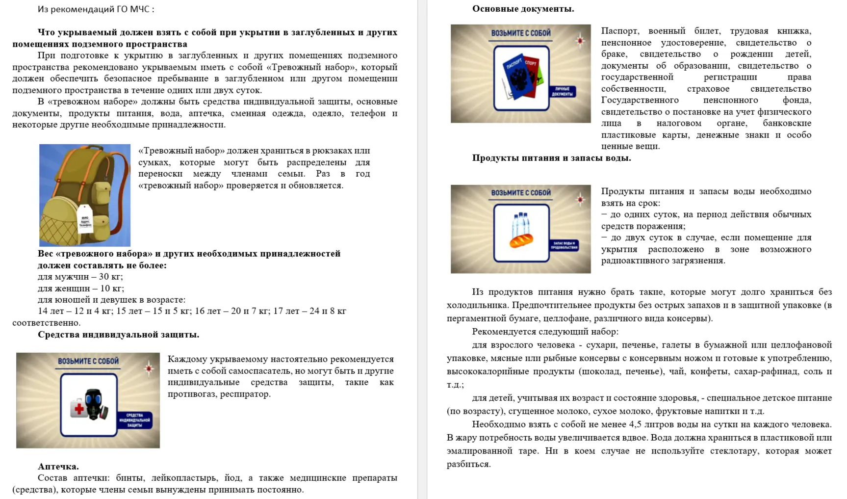 Что взять с собой в укрытие (из рекомендаций ГО МЧС):