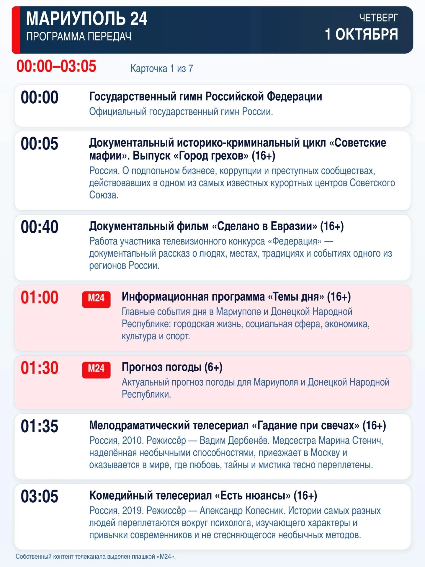 📺 «Мариуполь 24» — программа передач Четверг, 1 октября 00:00 Государственный… — публикация канала «МАРИУПОЛЬ 24»
