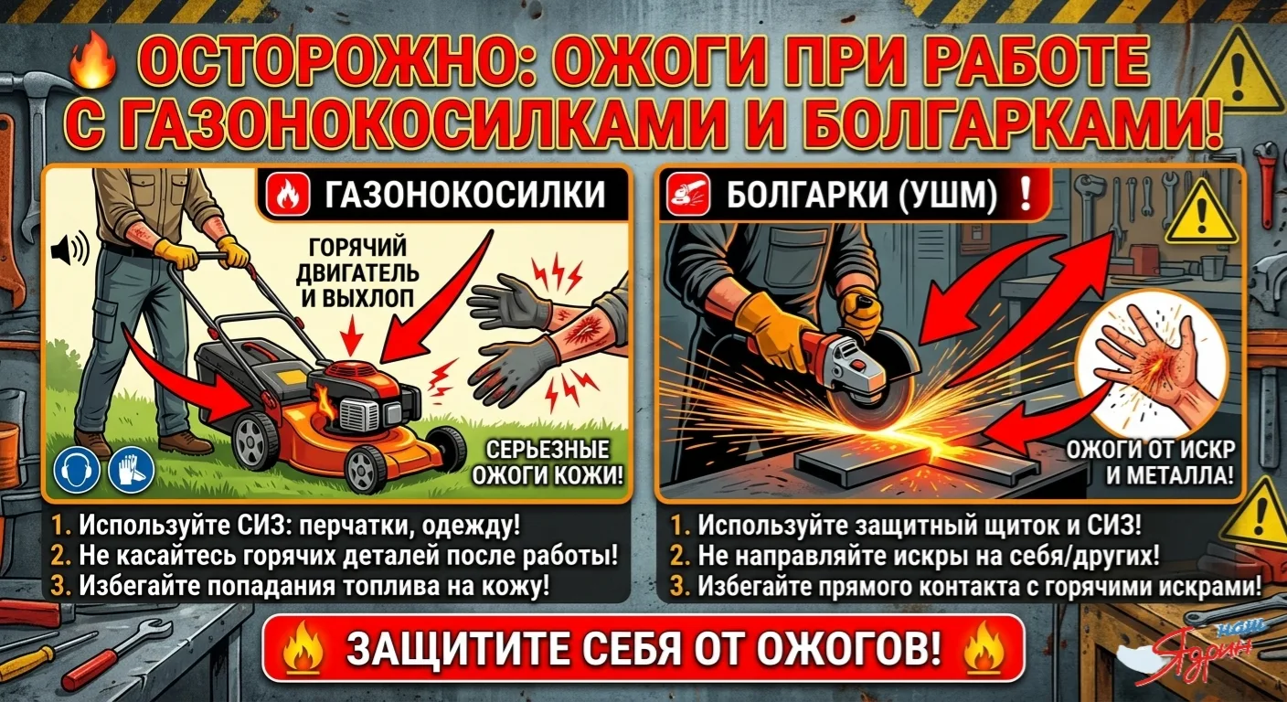 Осторожно: Ожоги при работе с газонокосилками и болгарками!

Летом увеличивается риск травм при испо