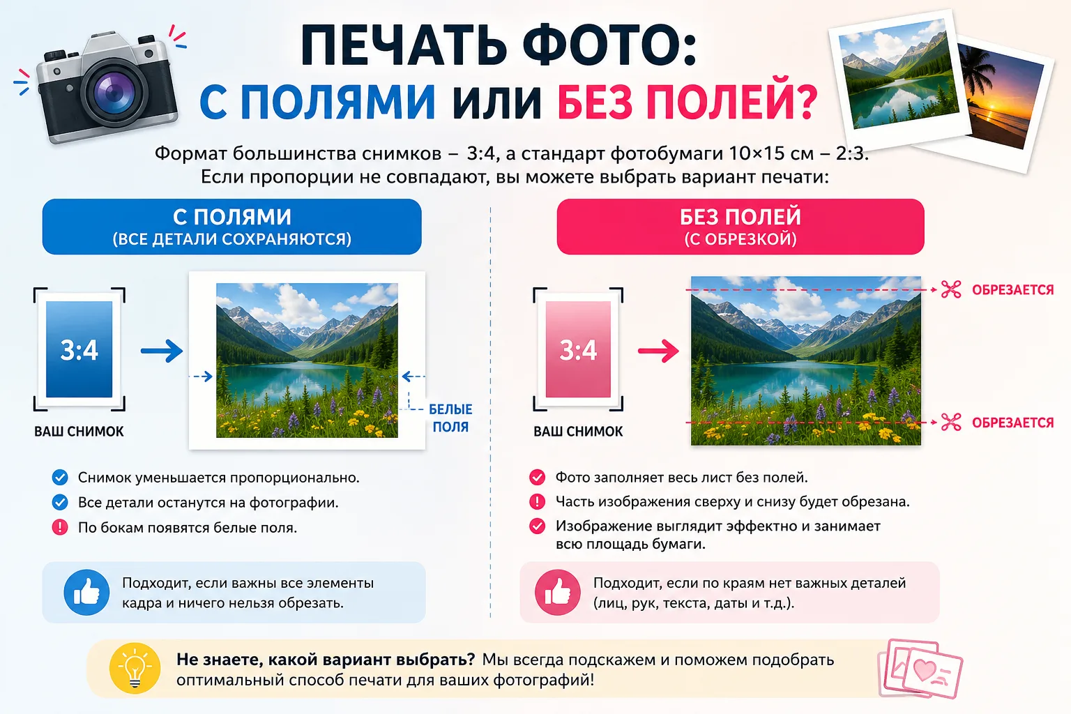 📸 Печать фотографий «с полями» или «без полей» — в чем разница?
При печати фотографий иногда размер
