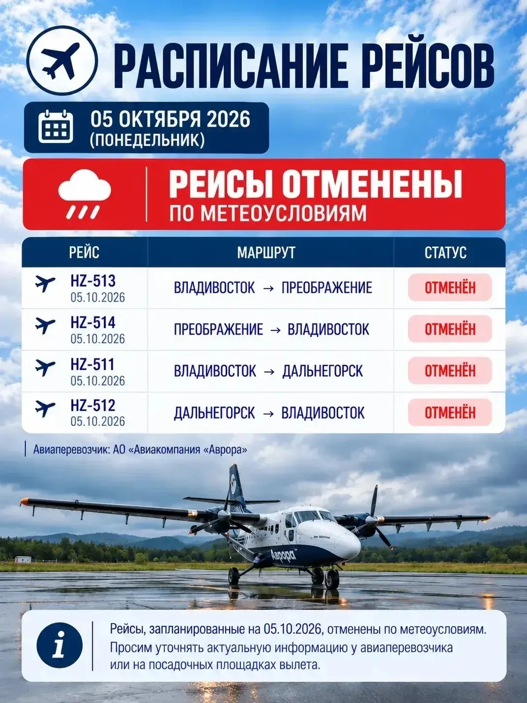 Отмена авиарейсов внутри края на сегодня по метеоусловиям.