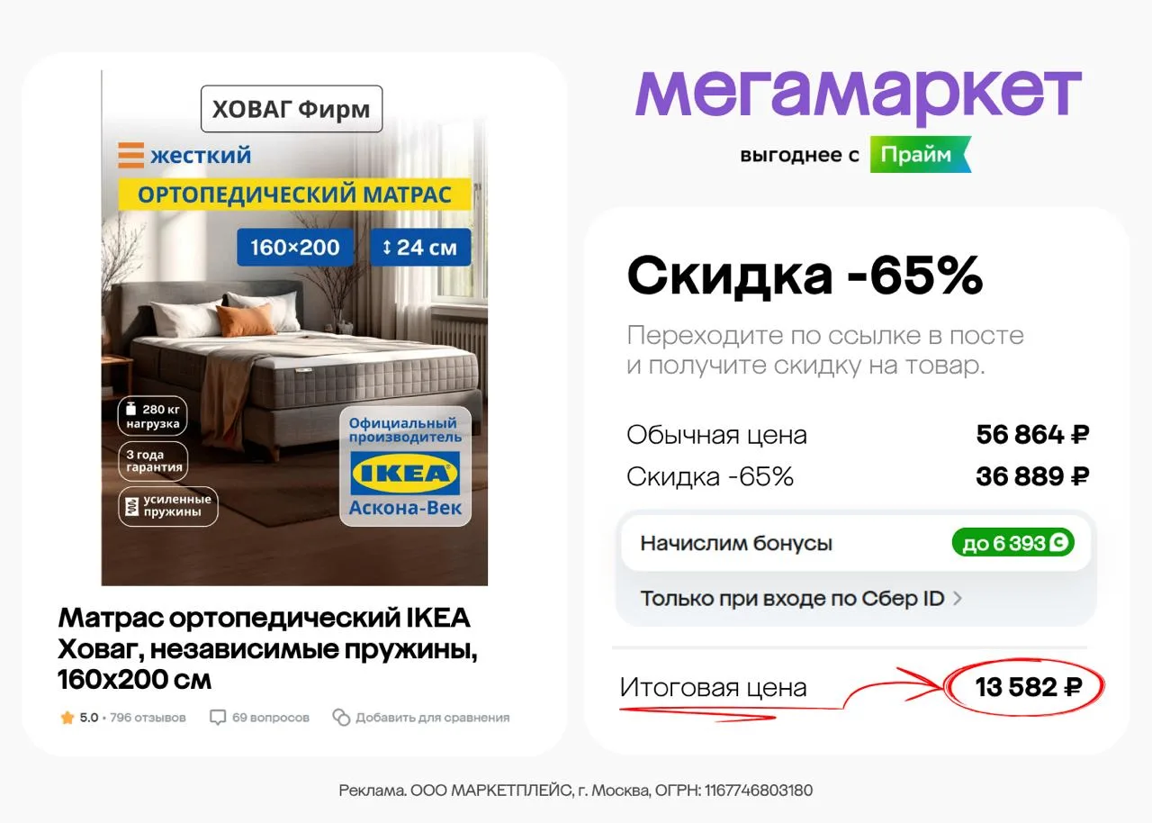 Скидка 65% и выгодный кешбэк в Мегамаркете