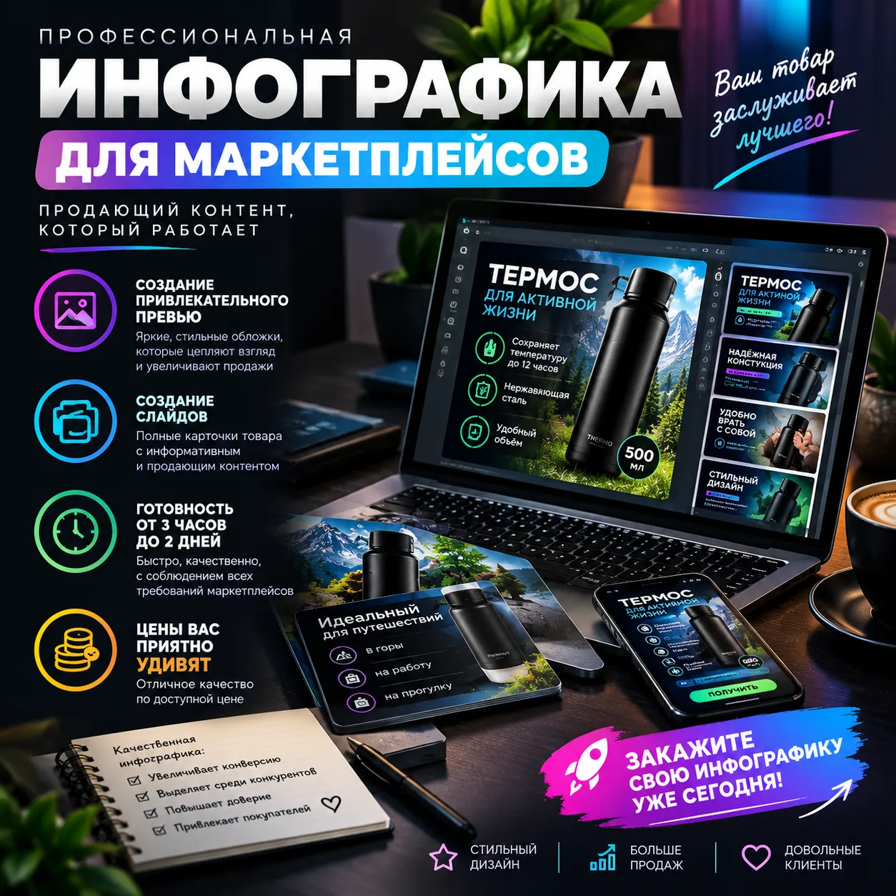 Здравствуйте, сделаю для Вас информативную, яркую и продающую карточку товара для марке...