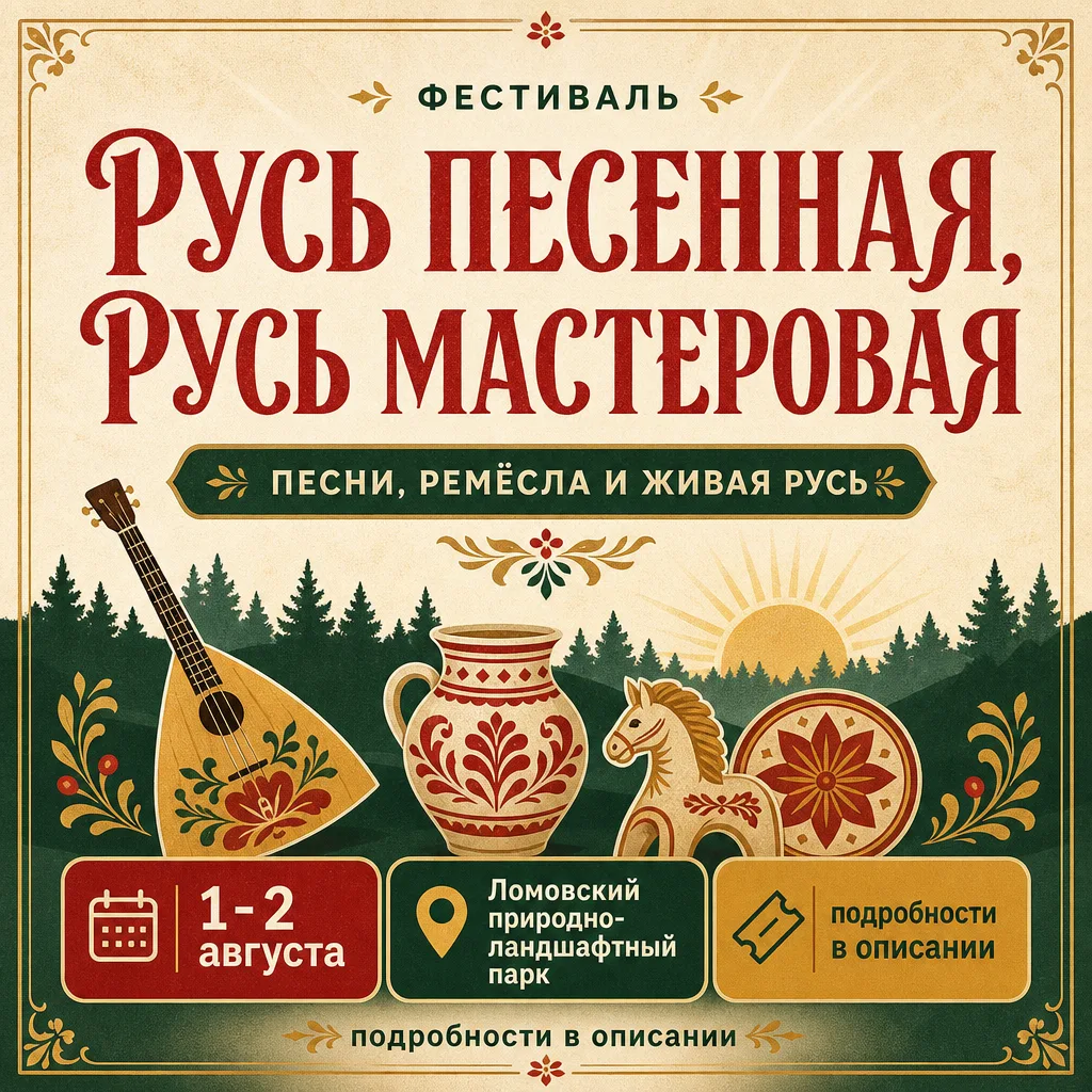 Фестиваль «Русь песенная, Русь мастеровая»

🗓 Дата: #1августа–#2августа
📍 Место: Ломовский природн