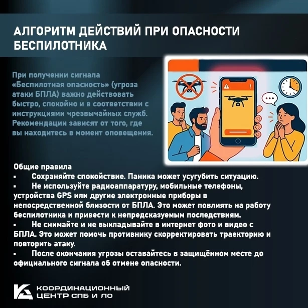 АЛГОРИТМ ДЕЙСТВИЙ ПРИ ОПАСНОСТИ БЕСПИЛОТНИКА 🔹 ОБЩИЕ ПРАВИЛА Сохраняйте спокойствие. Паника мешает п