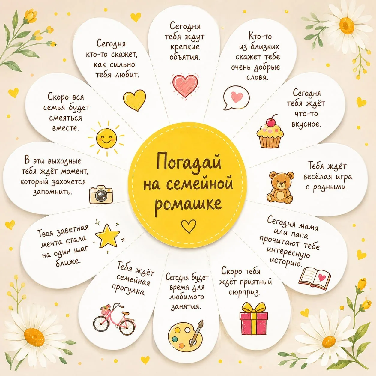 🌼 Задание на выходные: 
гадание на ромашке

В детстве многие гадали на ромашке: «Любит — не любит».