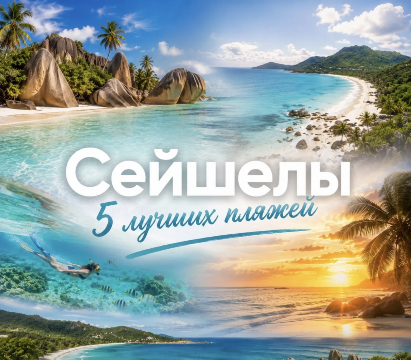 🦪 Белоснежный песок, огромные гранитные валуны, пальмы, склоняющиеся к океану, и вода ...