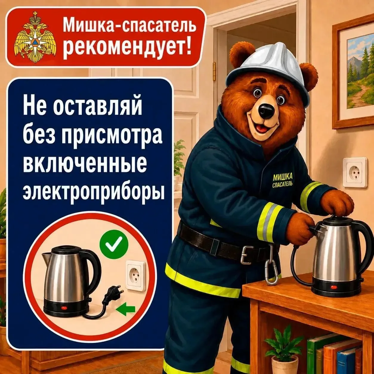 Мишка-спасатель напоминает: уходя, проверьте электроприборы 🐻🚒