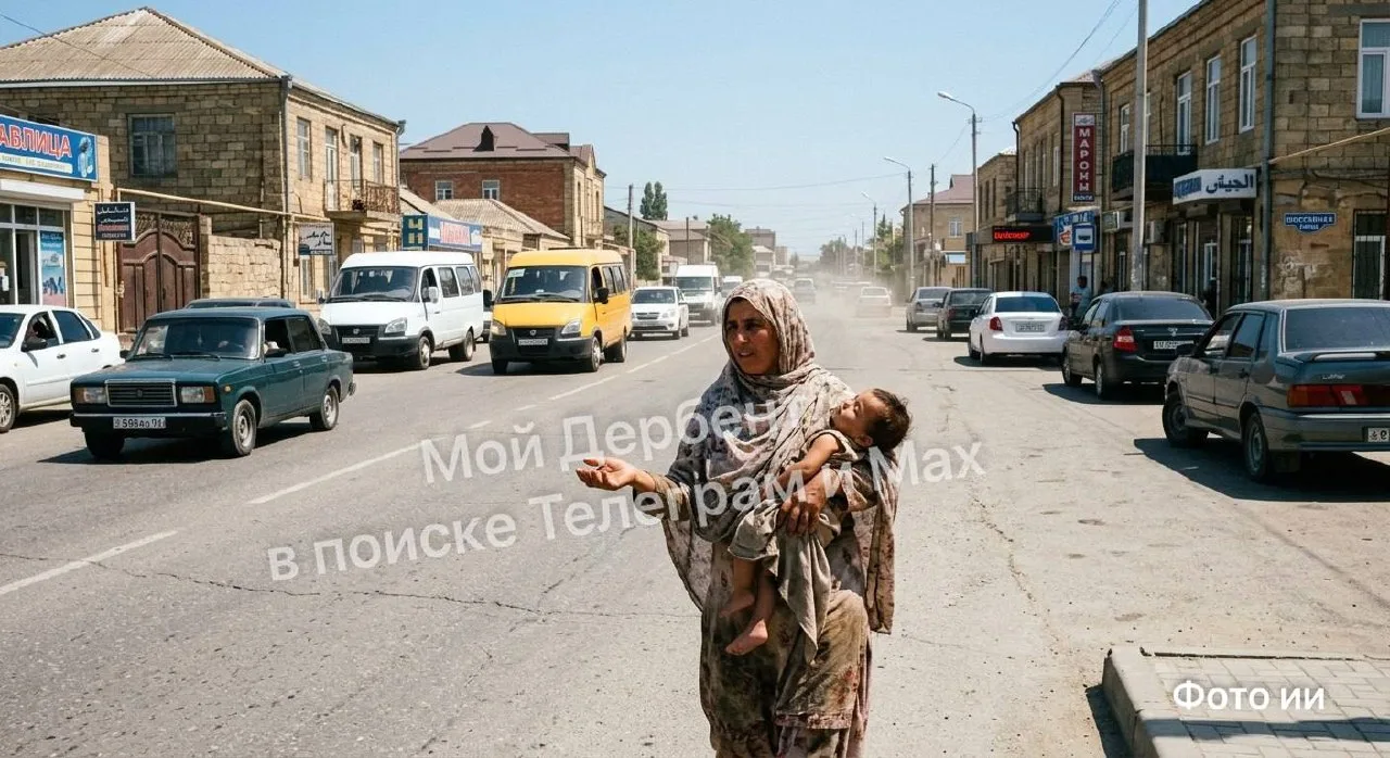В Дербенте на улице Шоссейная, где объездная, прям посередине дороги стоит женщина с маленьким ребен
