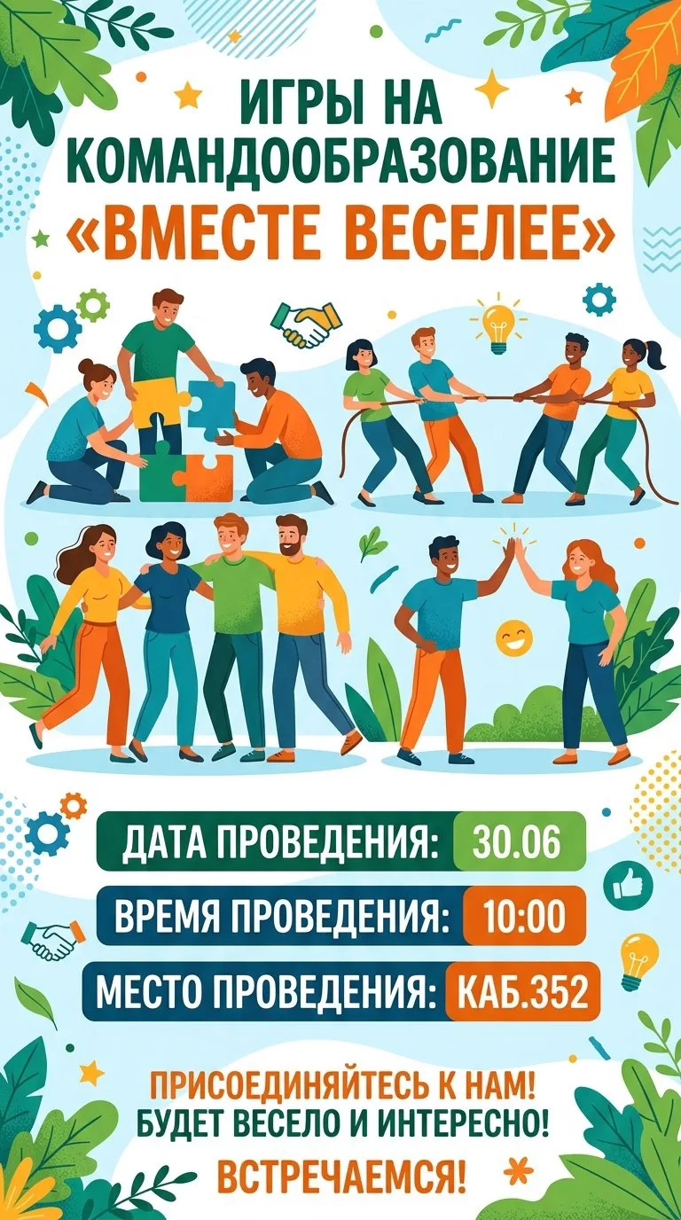 🤝 Вместе мы можем больше!

Приглашаем всех желающих принять участие в играх на командообразование «