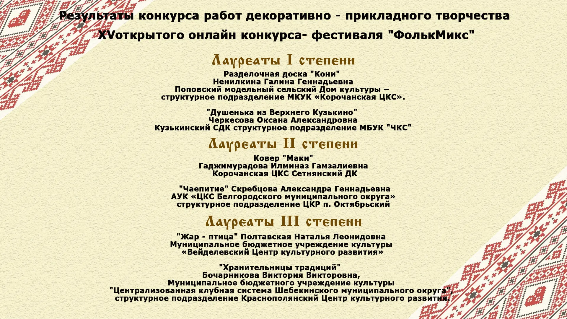 🎉 ИТОГИ XV ОТКРЫТОГО КОНКУРСА-ФЕСТИВАЛЯ «ФОЛЬКМИКС»** 🎉

Друзья, онлайн-праздник народного творчес