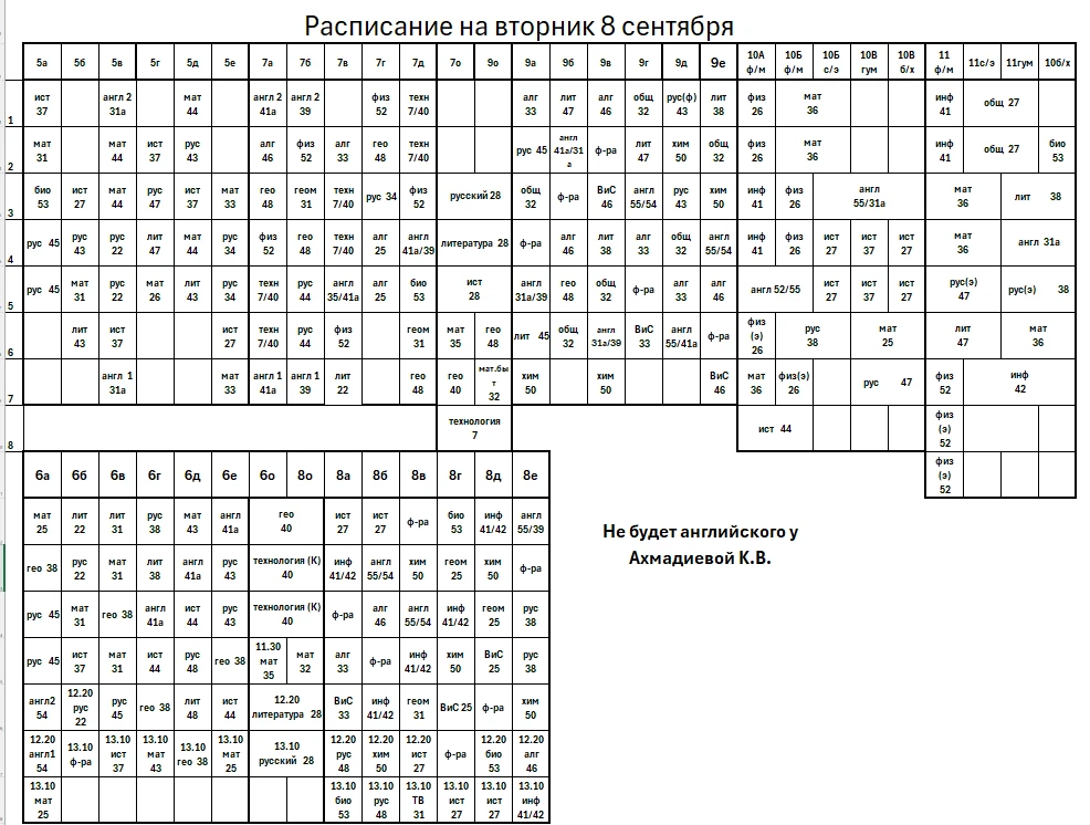 Расписание на вторник