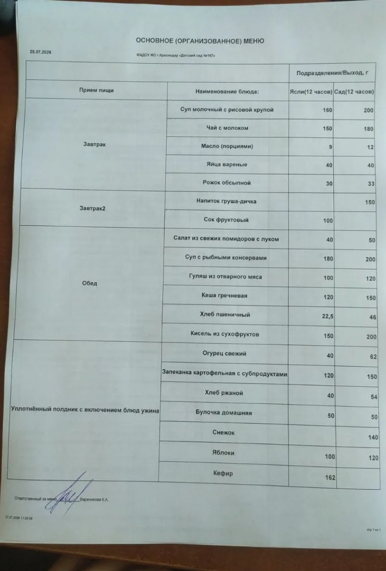 Меню на 28.07