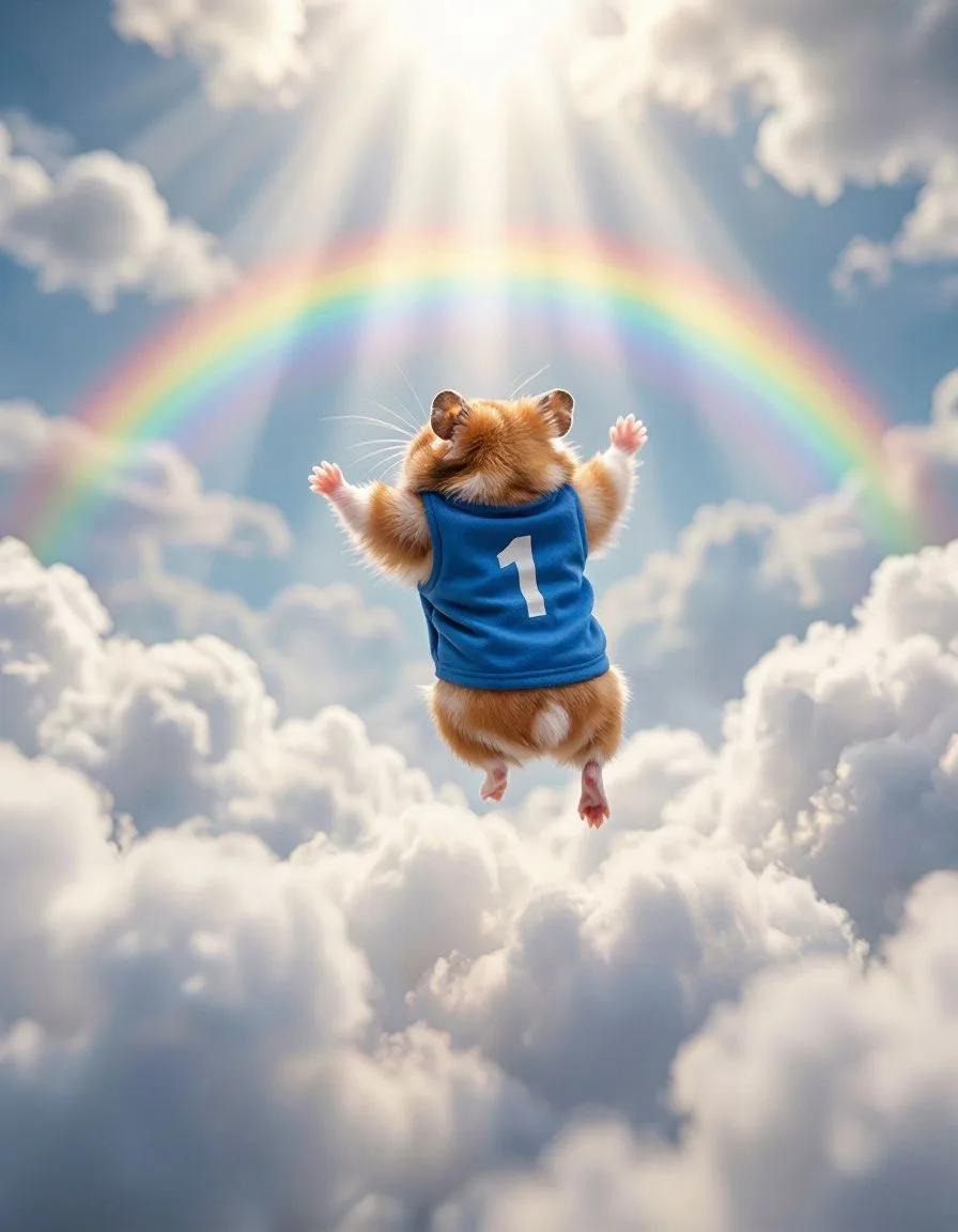Cinematic shot of a fluffy golden hamster competing in the Cloud Olympics. The hamster ...