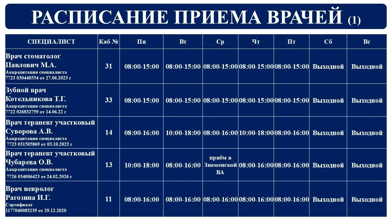 Расписание Поликлиника с 13.03.2026г.