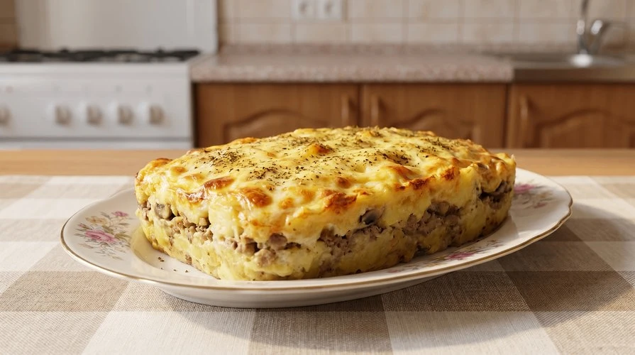 Запеканка с картошкой, мясом и грибами
— Сытная, слоёная запеканка из картофельного пюре, мясного фа