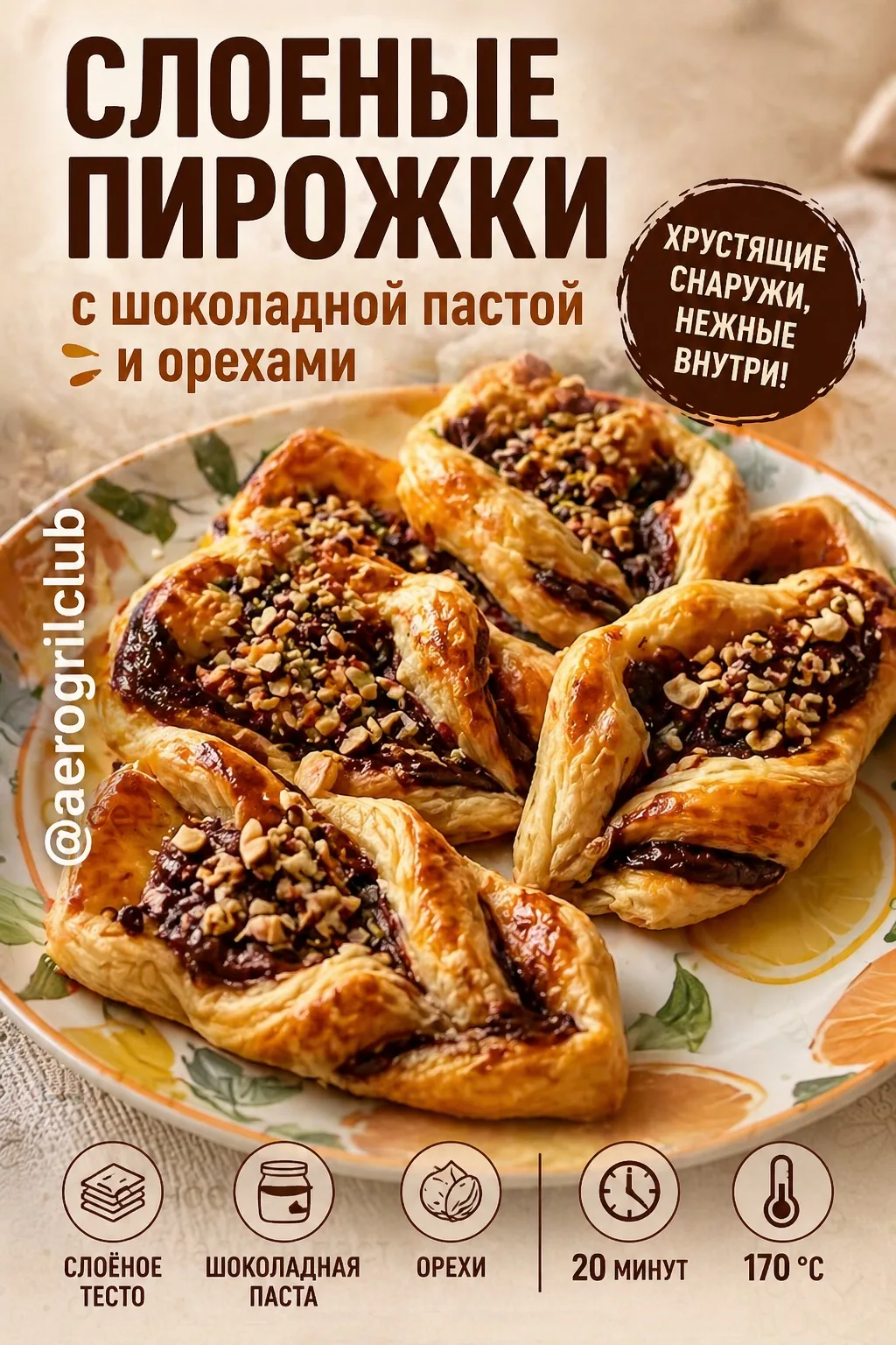 🔥 Слоёные пирожки с шоколадной пастой и орехами в аэрогриле