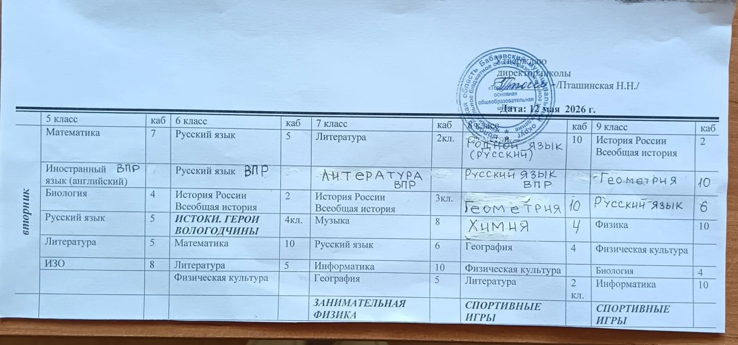 Расписание уроков в 5-9 классах на 12 мая (вторник)