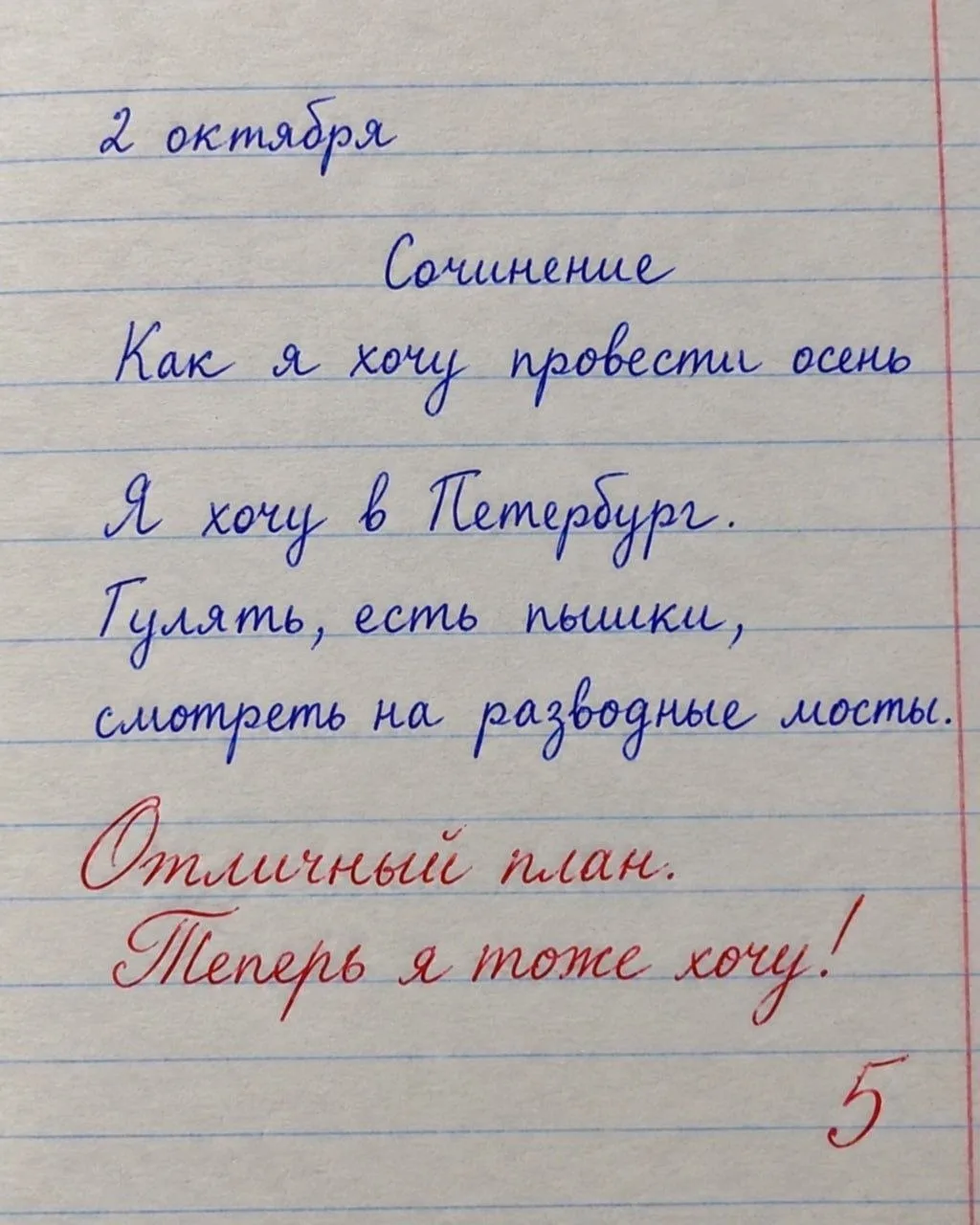 Школьник получил пятёрку за сочинение о мечте уехать в Петербург