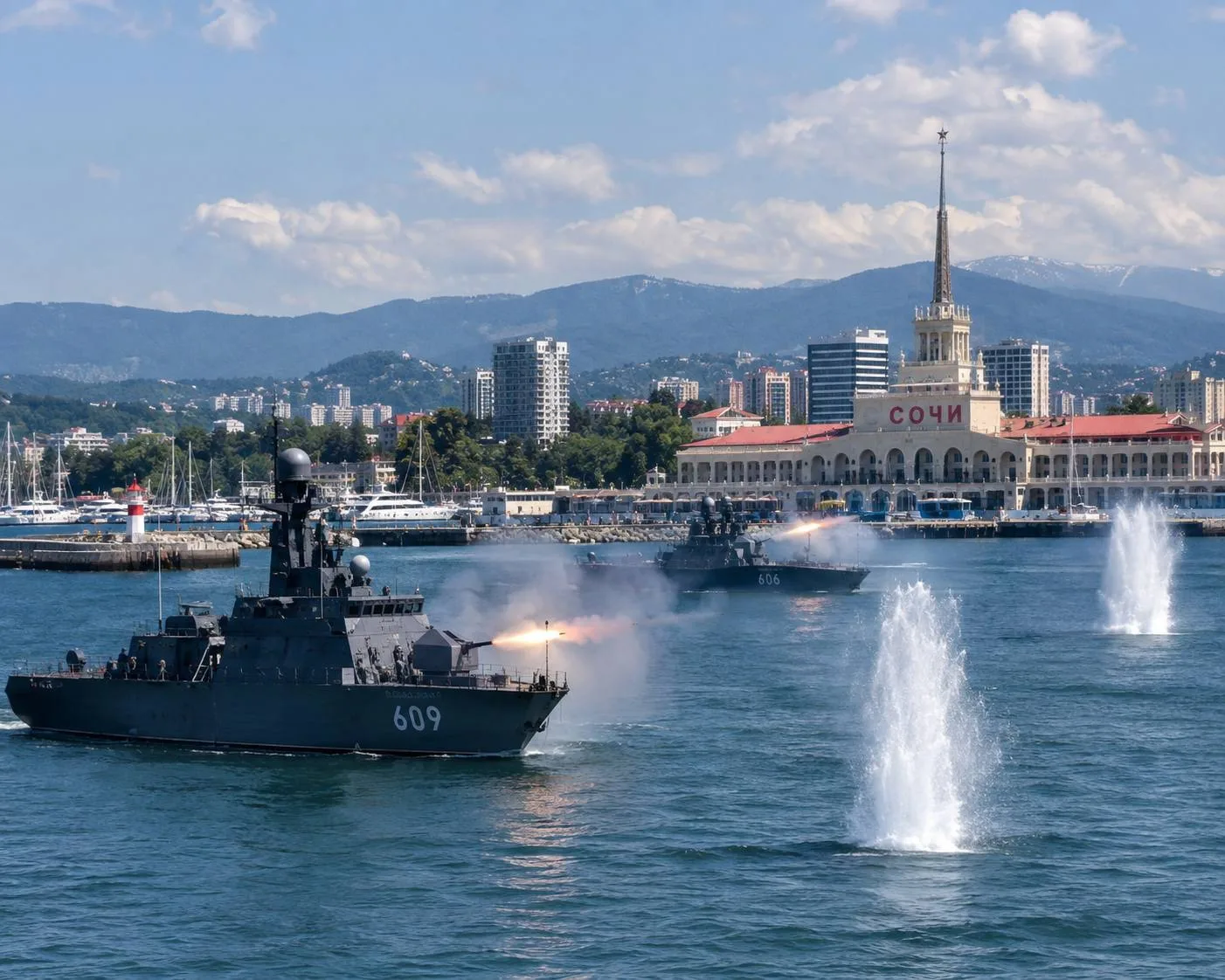 В Сочи в районе морпорта проходят учебные стрельбы.
