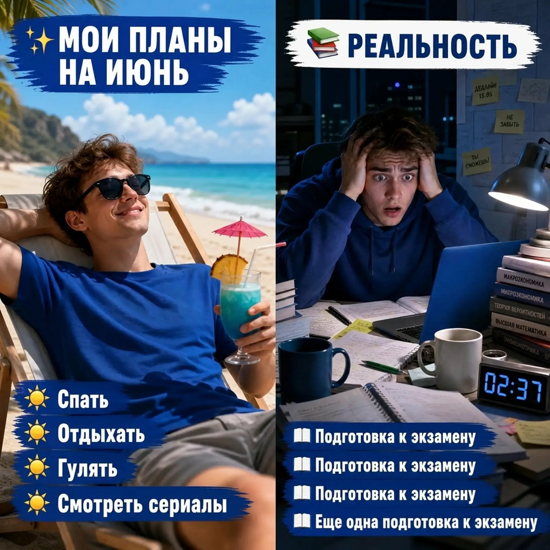 😅 Каждый семестр одно и то же

Сначала:

👉 «До экзаменов еще далеко»

Потом:

👉 «Почему в сутках 