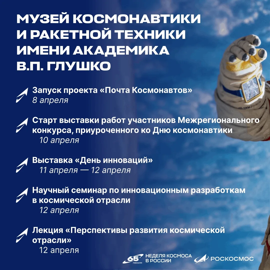 С 6 по 12 апреля в России впервые пройдёт Неделя космоса.  🚀 Она приурочена к 65-летию полёта Юрия Г