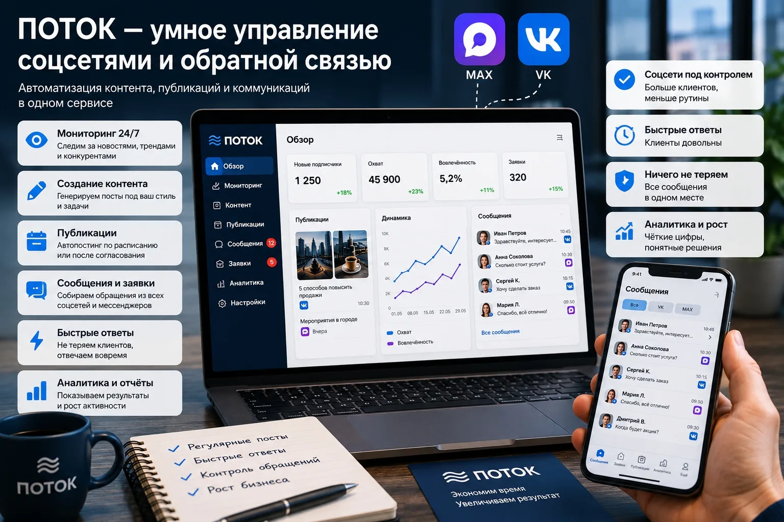 Автоматическое ведение соцсетей с помощью «Потока»  «Поток» — это система, которая помогает бизнесу 