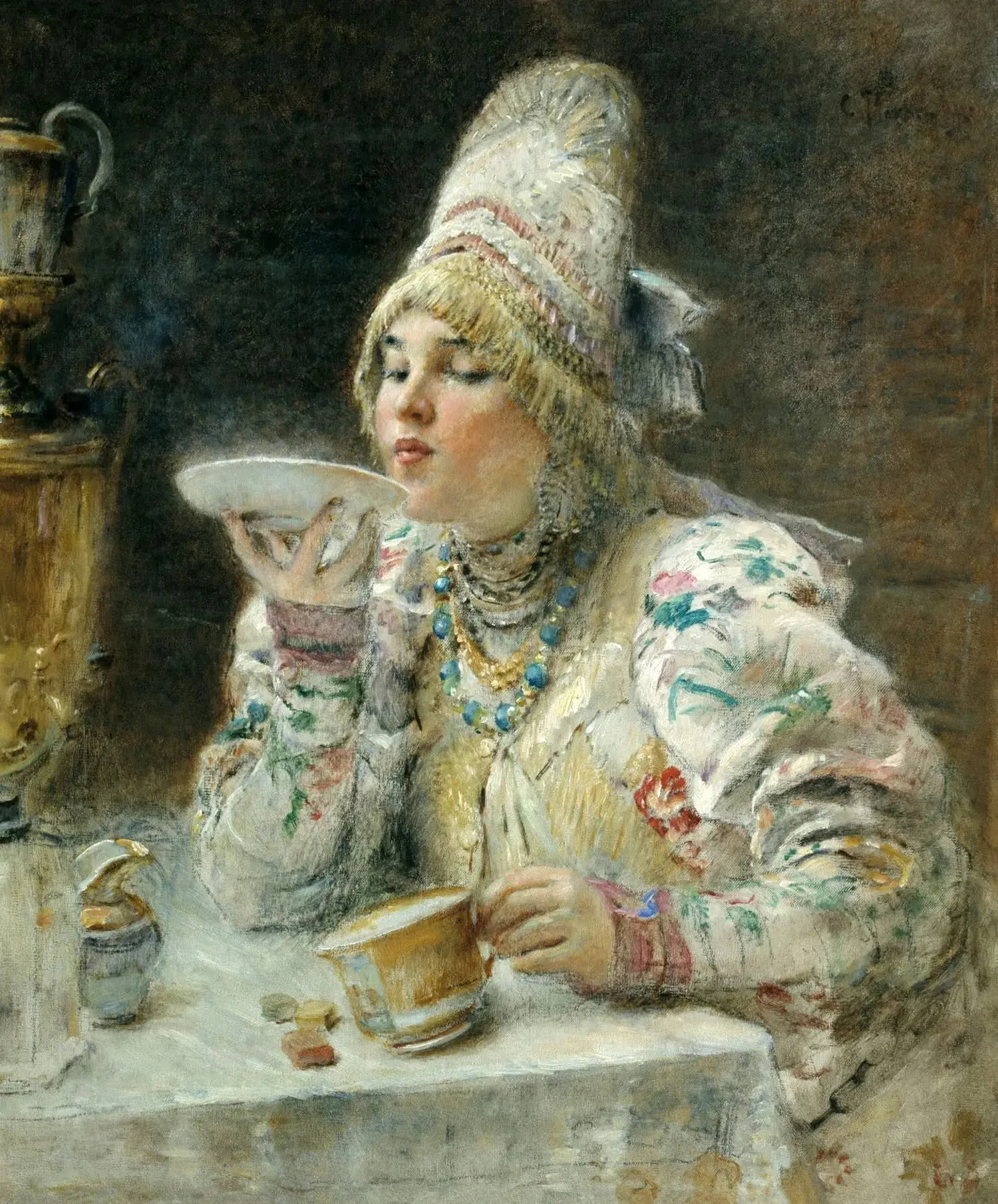 "За чаем", 1914 г. 

Константин Егорович Маковский (1839-1915)

Холст, масло. 75 x 64 см. Ульяновски